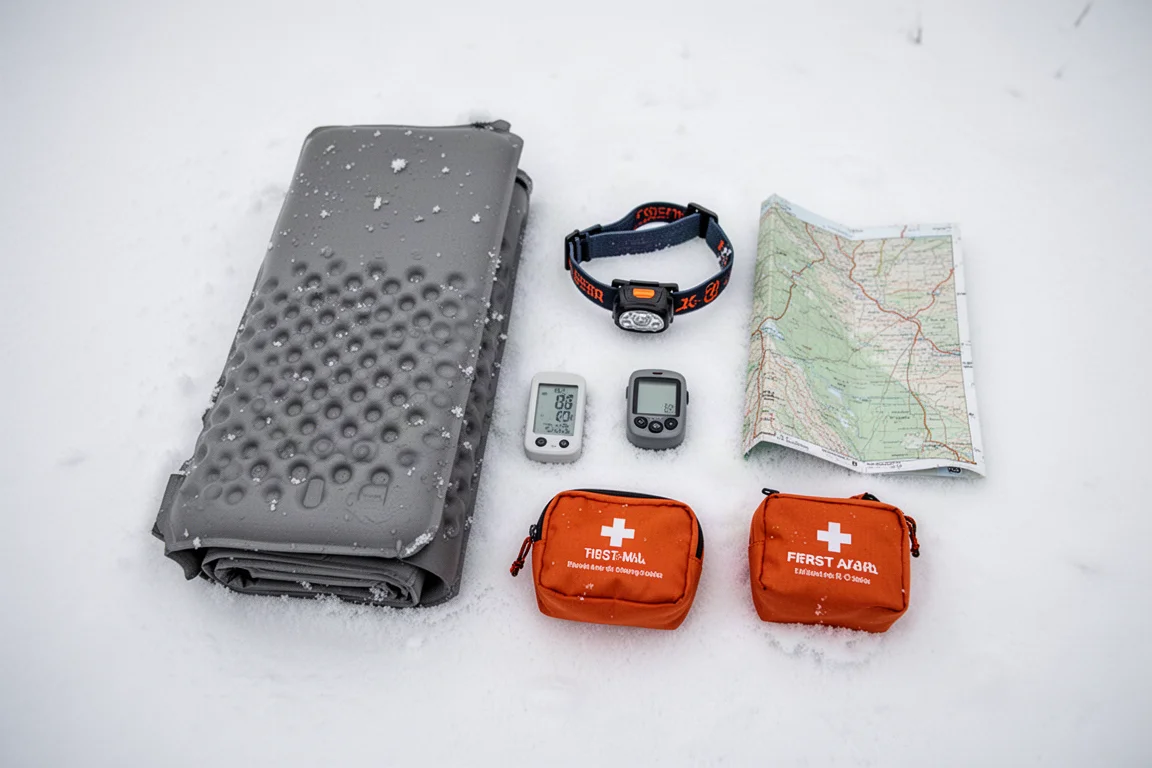 Overhead flat-lay of winter camping essentials arranged on packed snow