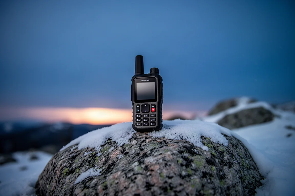 Satellite communicator resting on a snow-dusted boulder at dusk