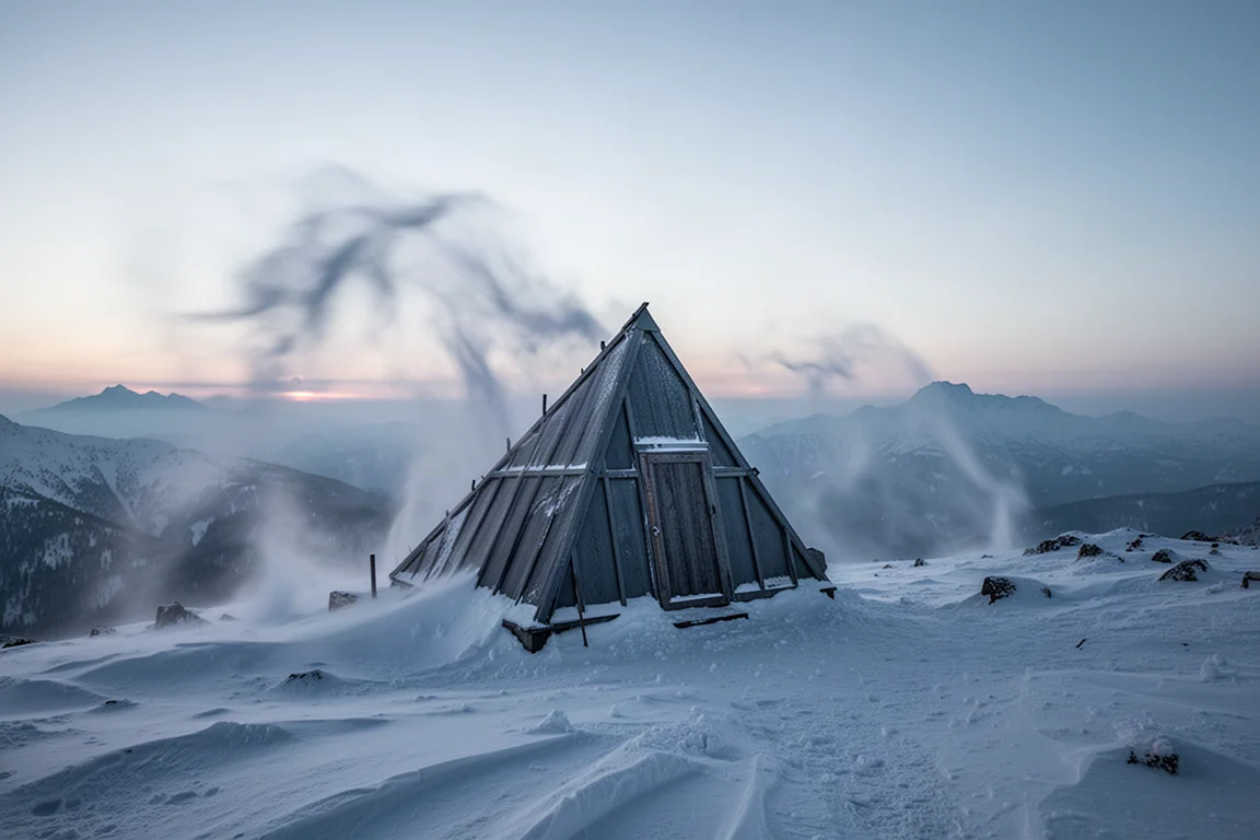 Pyramid shelter pitched in deep snow on an exposed ridge at blue hour