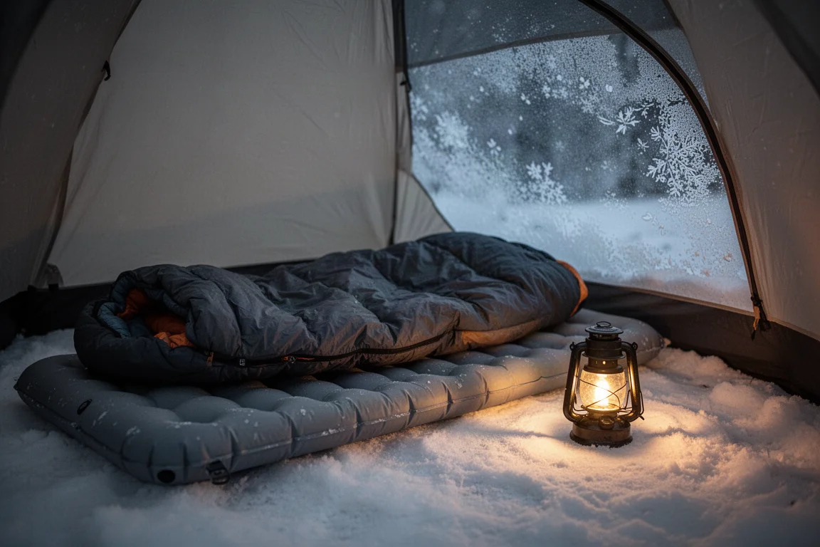 Winter tent interior with sleeping bag, pads and lantern glow at night
