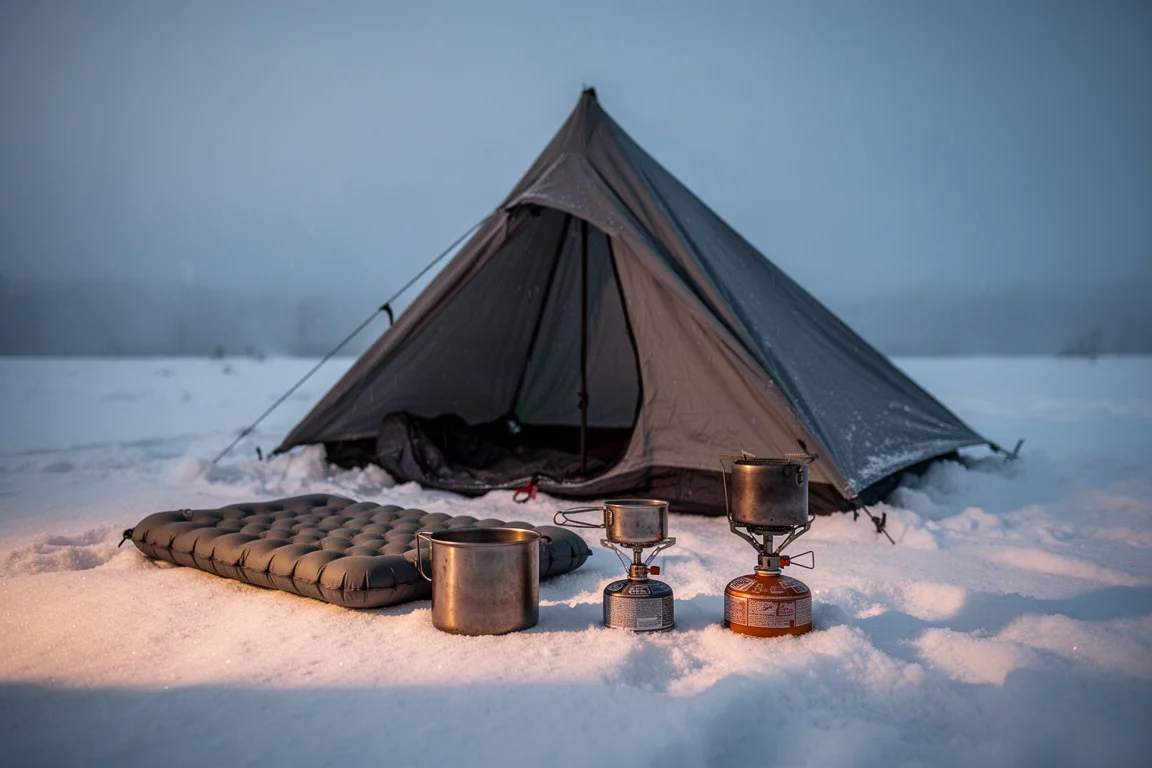 Winterkampeerplaats met piramidetent, schuimmat, slaapmat en kachel op sneeuw