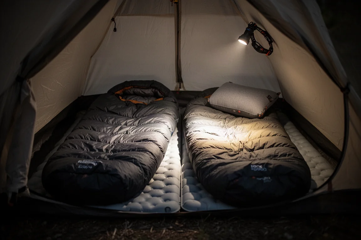 蓝调时刻,搭建在雪地平台上的小型单层帐篷