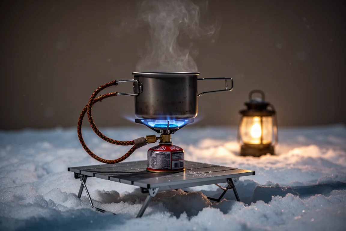 黄昏时分,远程气罐炉上的钛锅正在融雪