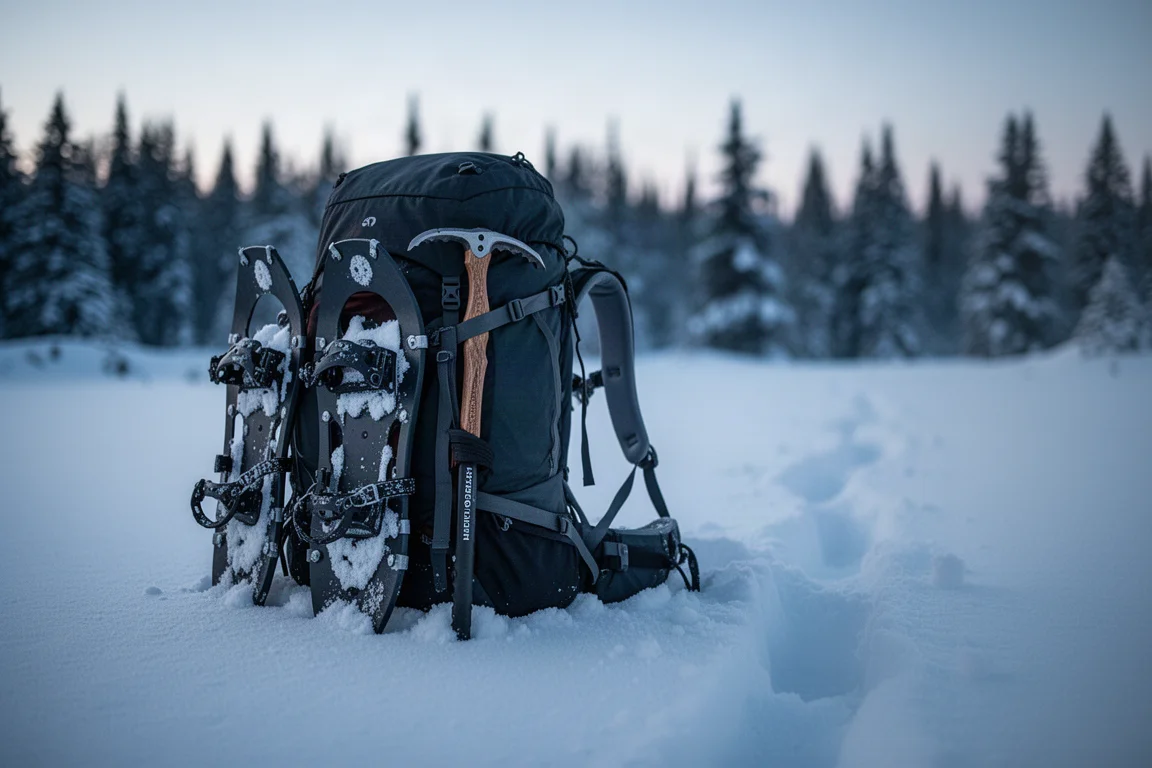 Mochila de invierno cargada de pie en nieve profunda al atardecer