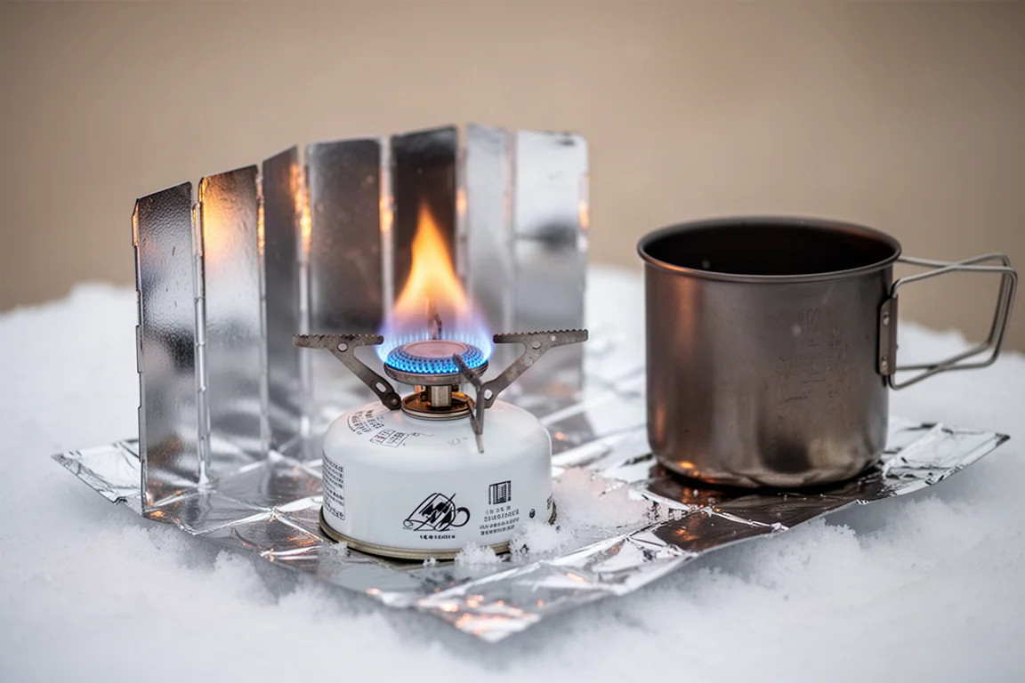 Hornillo de gasolina blanca con cortavientos encendido sobre nieve compactada junto a una olla de titanio