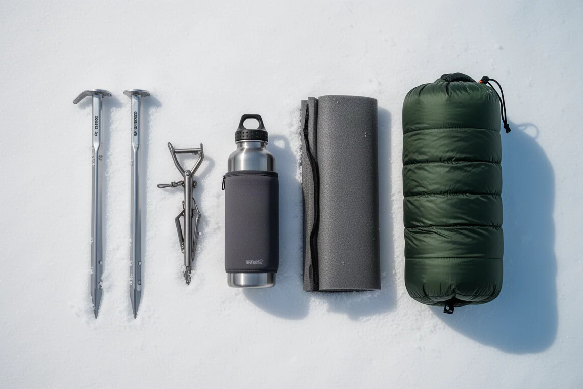 Elementos esenciales para acampar en invierno dispuestos en fila sobre nieve recién caída
