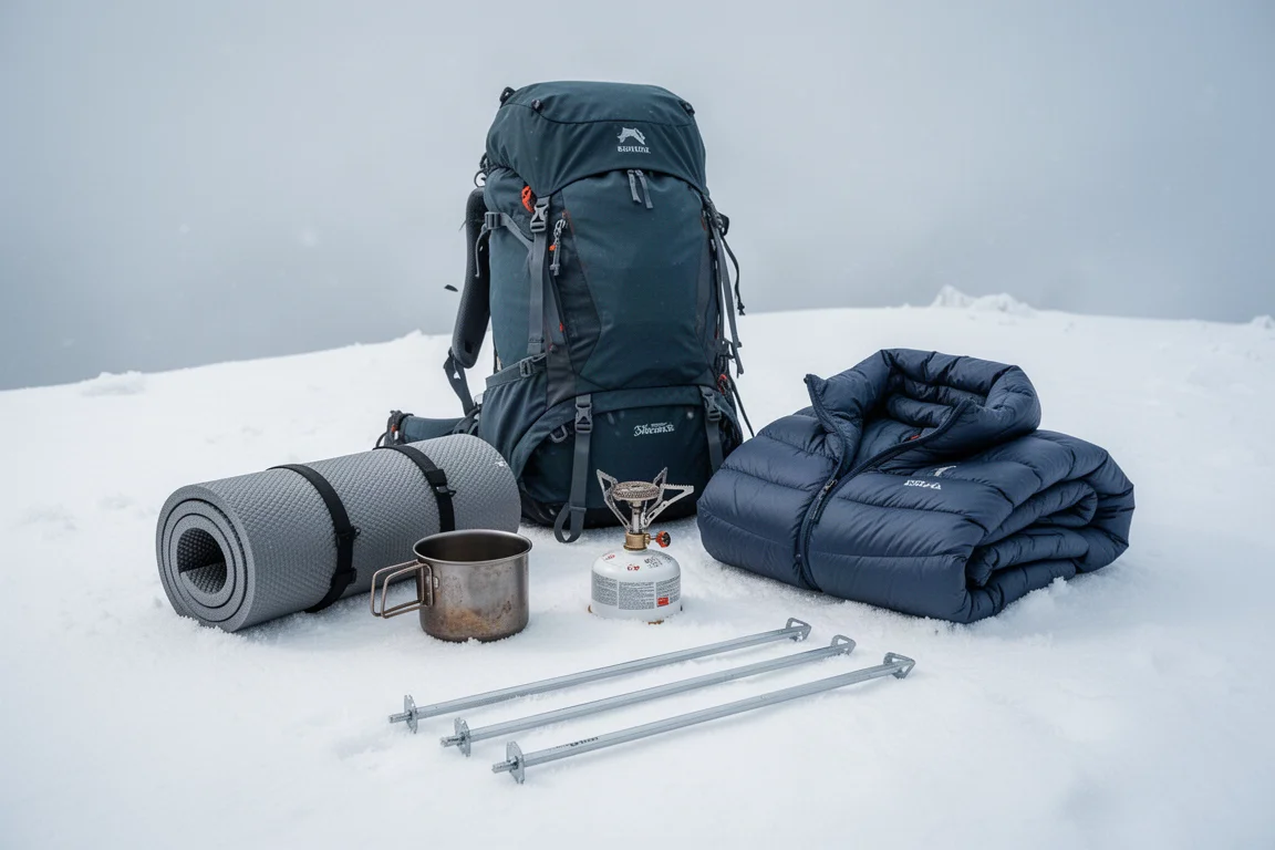 Equipo de mochilismo invernal dispuesto sobre la nieve, incluyendo mochila, colchoneta de espuma, olla y estacas