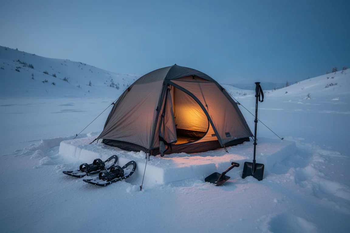 Winter backcountry camp at dusk with tent, backpack and snowshoes on deep snow