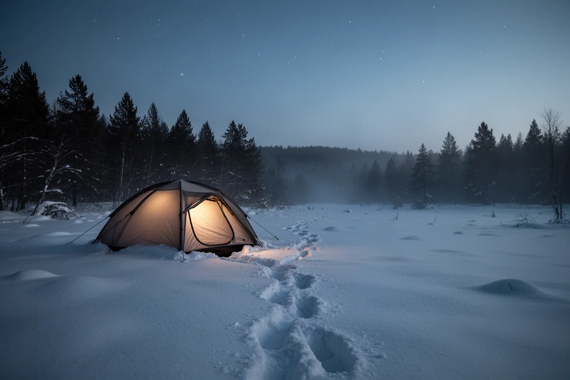 Schneebedeckter Winter-Campingplatz in der Dämmerung mit schwach leuchtendem Zelt und tiefen Fußspuren
