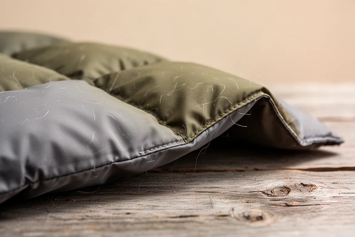 Nahaufnahme eines gesteppten, daunen gefütterten Stoffes mit feinen Kammer-Nähten auf einer Holzfläche