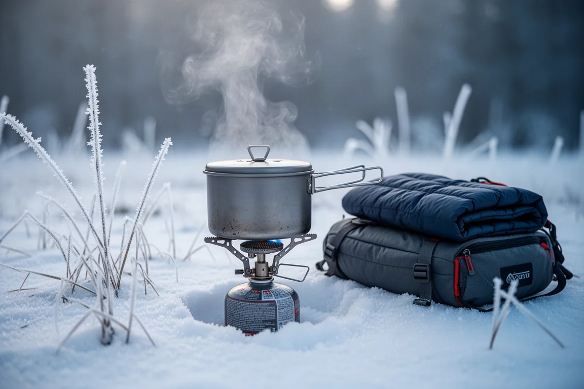 Winter-Campingküche im ersten Licht mit kleinem Kocher, dampfendem Topf und frostbedecktem Gras