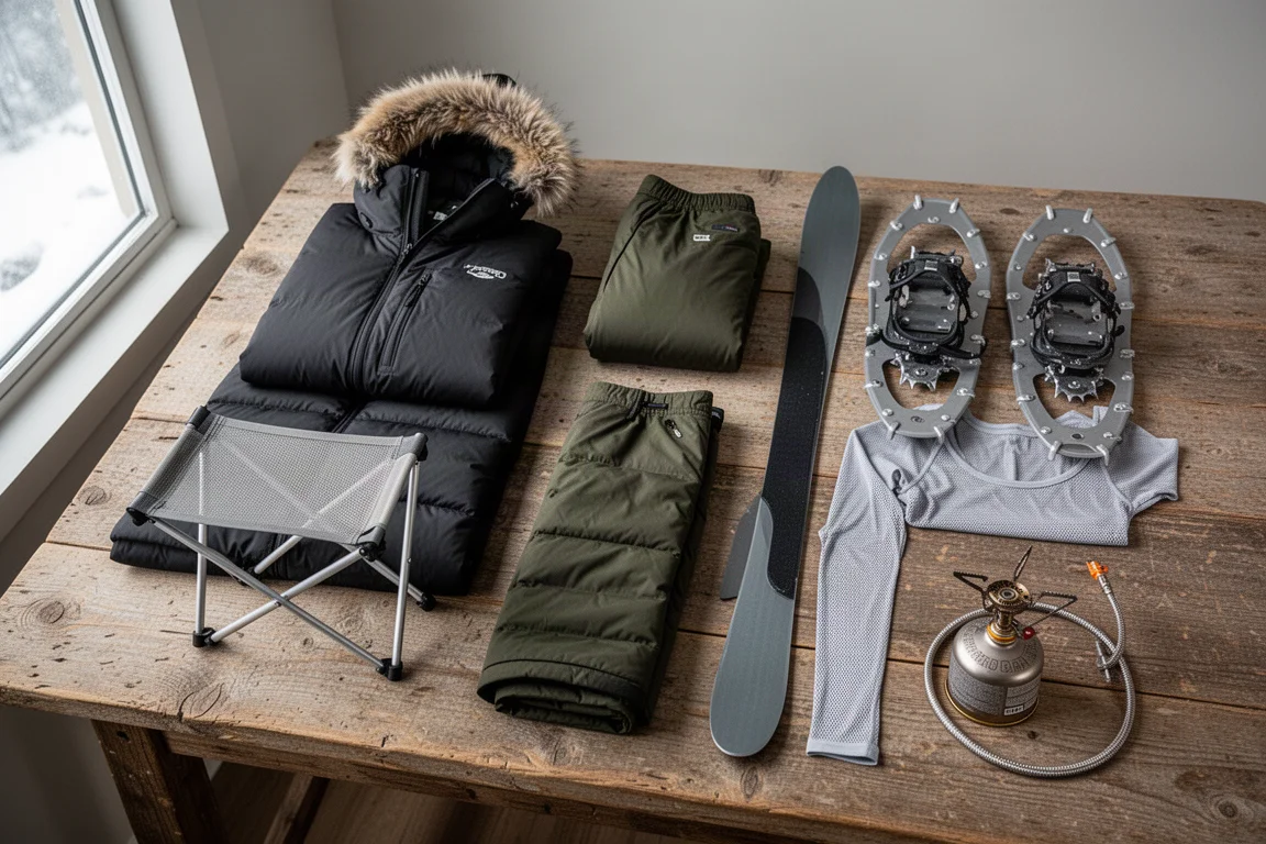 Flat-lay of winter camping gear including a jacket, down pants, stool, skis, snowshoes, base layer, and stove