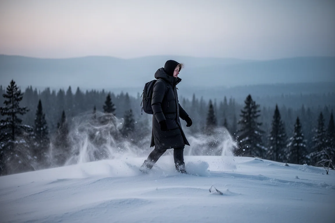 Winterwanderer in einer langen isolierten Jacke überquert in der Dämmerung einen verschneiten Grat