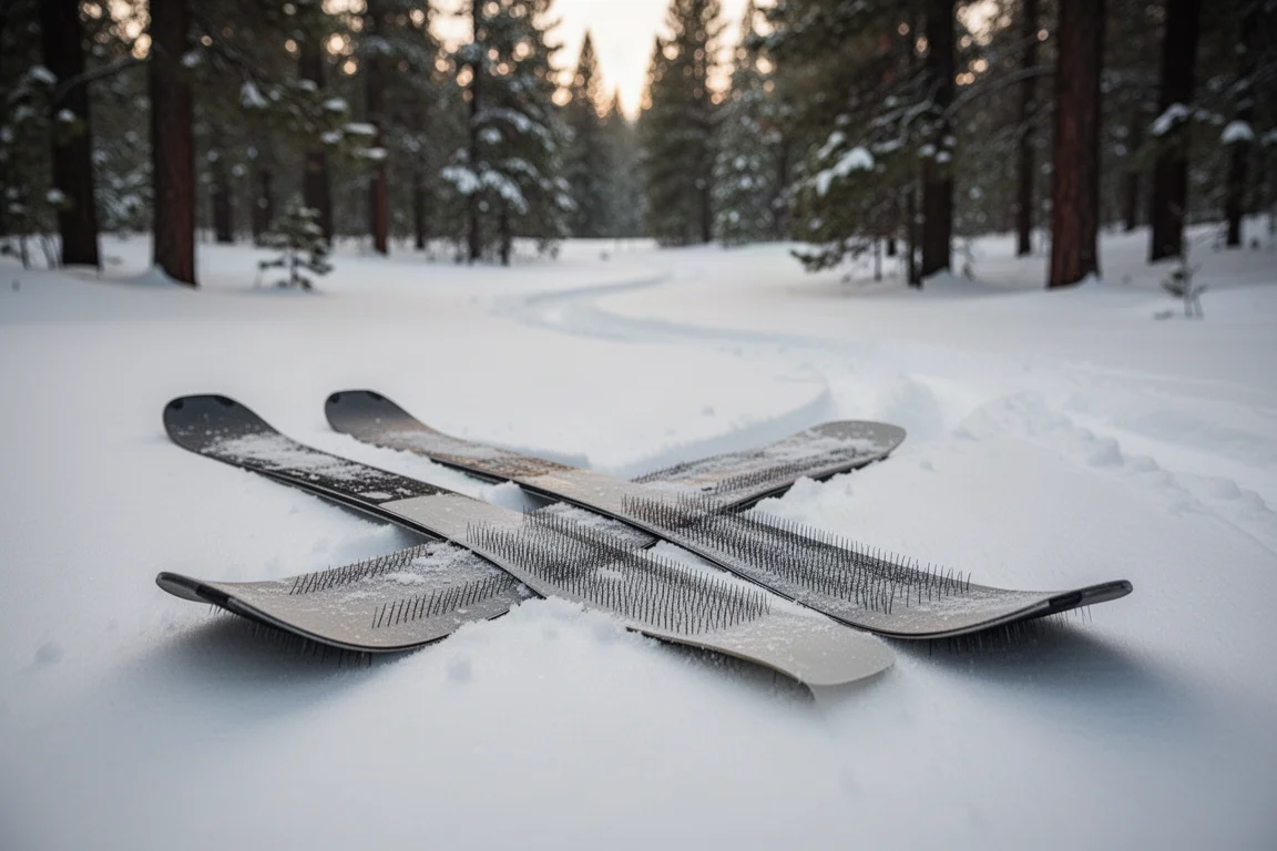 Kurze breite Backcountry-Ski liegen auf Pulverschnee am Rand eines Kiefernwaldes