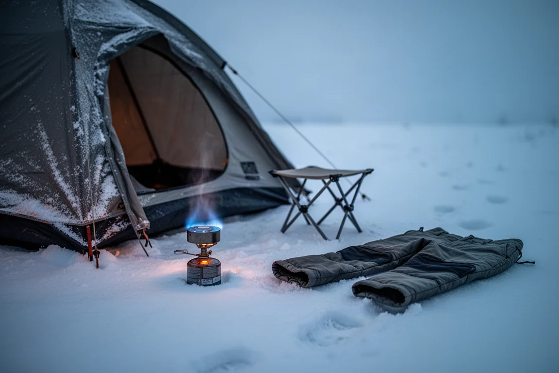 Winterlager zur blauen Stunde mit leuchtendem Kartuschenkocher neben einem verschneiten Zelt