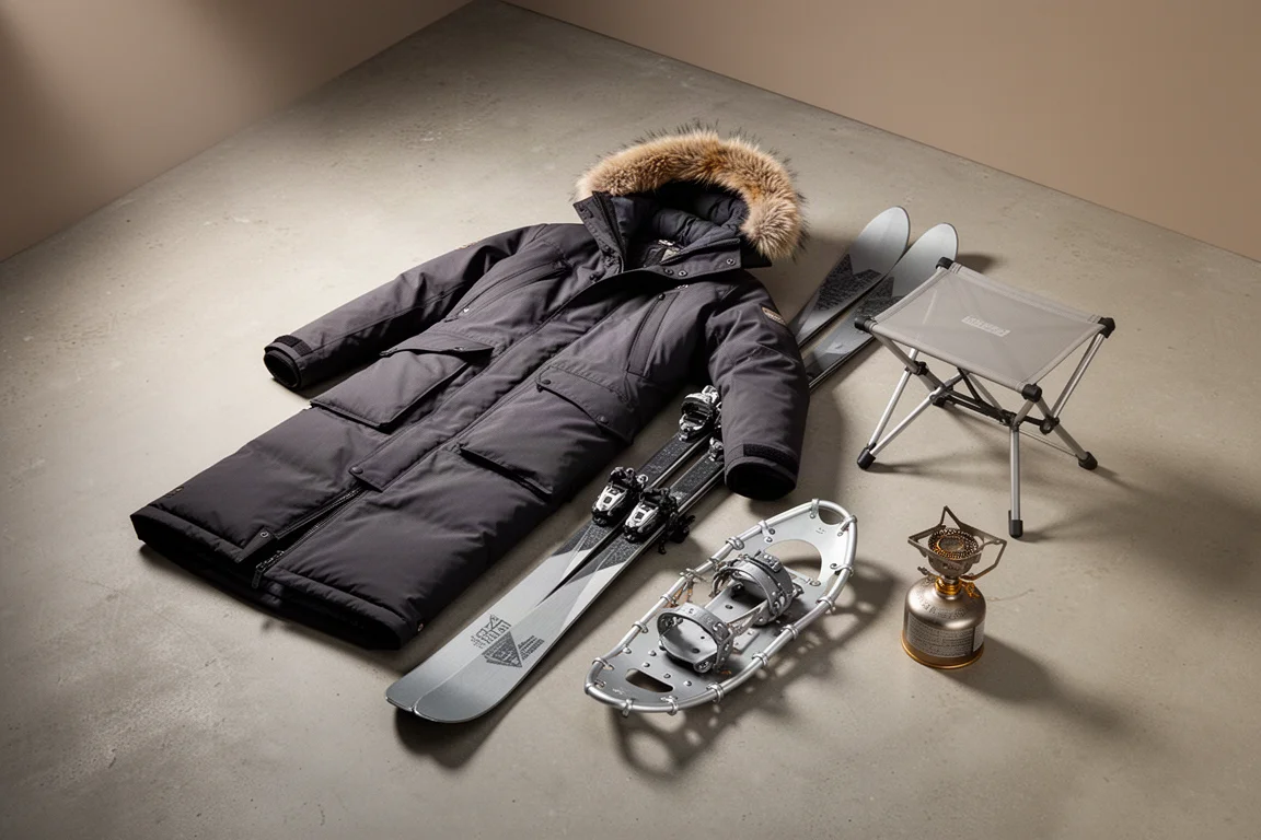 Winter backcountry gear including parka, skis, snowshoes, stool and stove on concrete