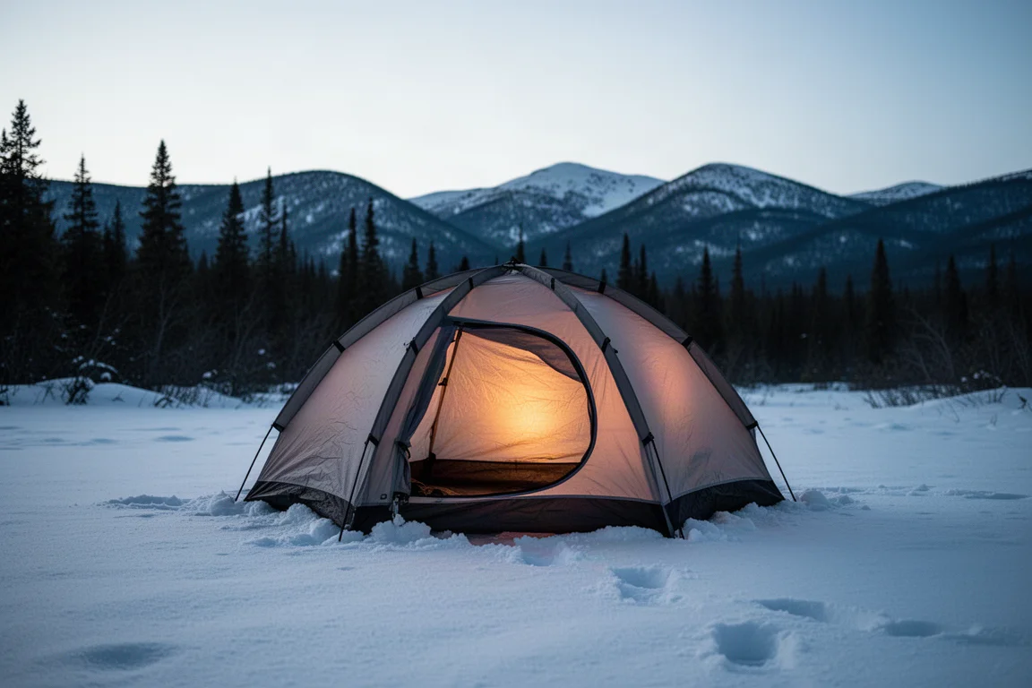 Tienda de perfil bajo montada sobre nieve al atardecer con crestas lejanas