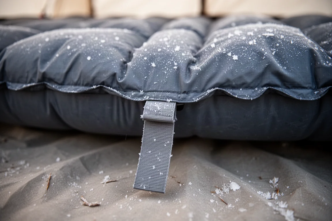 Quilt extendido sobre una esterilla dentro de una tienda iluminada por un farol