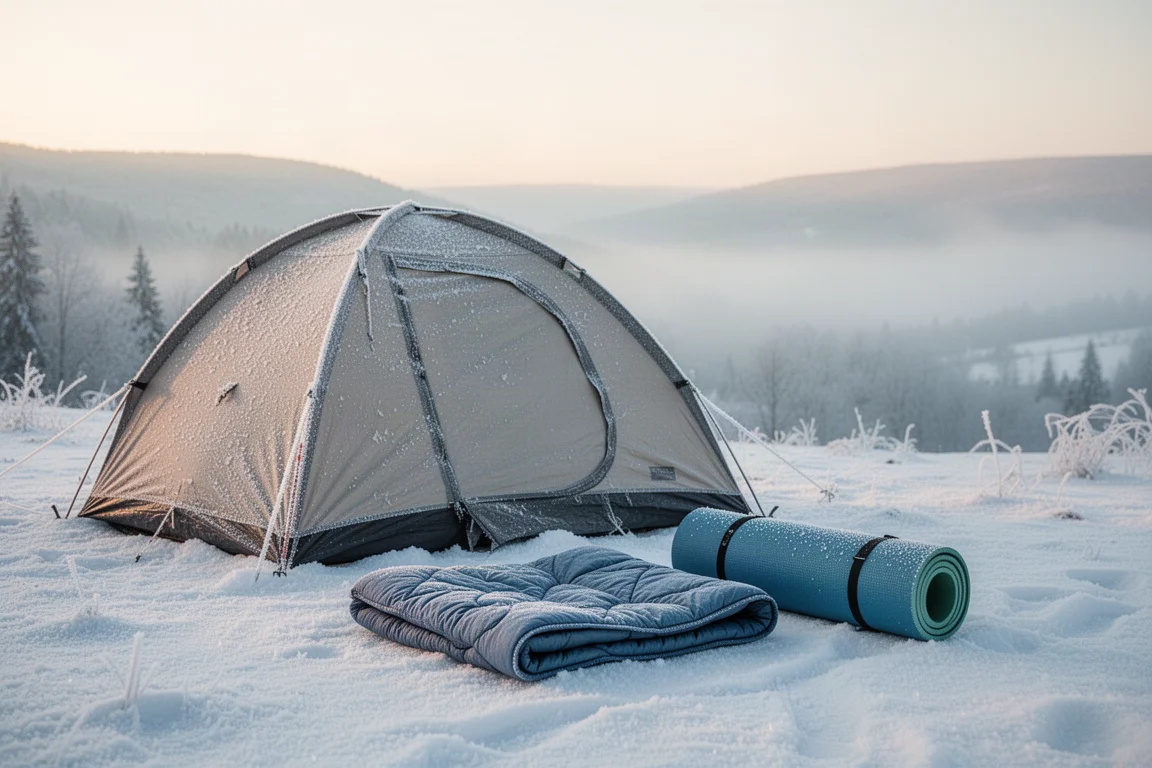 Vista plana del equipo del sistema de dormir invernal sobre un suelo de hormigón