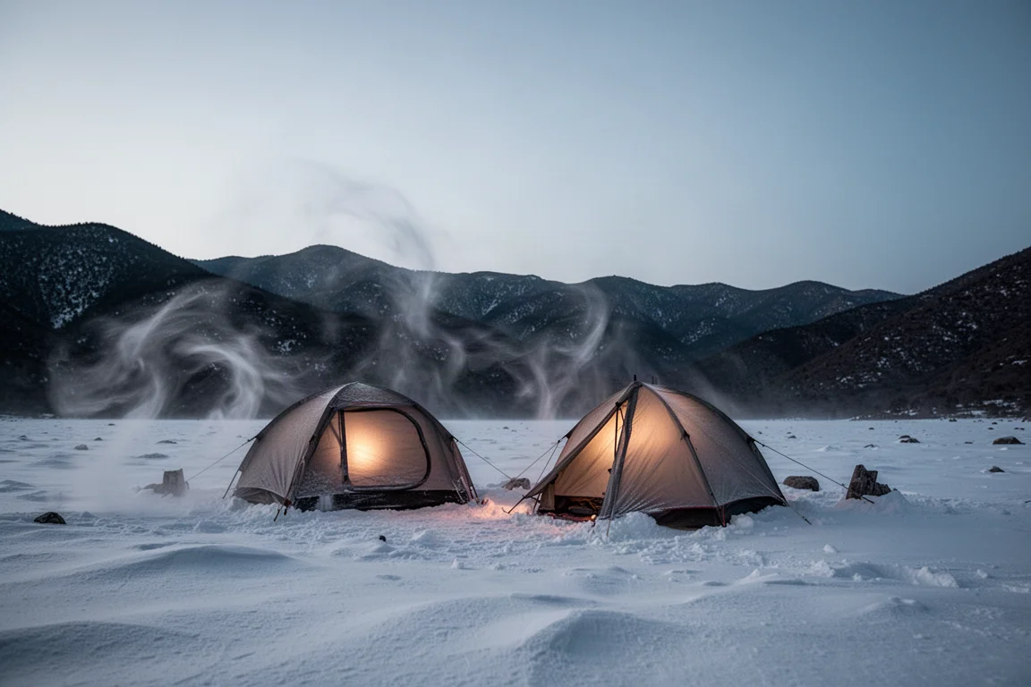 Wintercampingplatz in der Dämmerung mit leuchtendem Zelt auf einem schneebedeckten Plateau