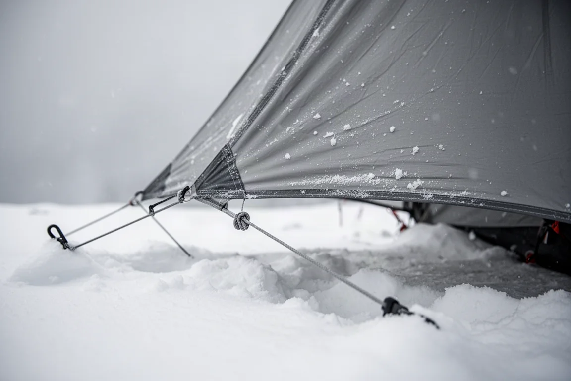 Nahaufnahme einer straff gespannten Winterzeltwand und Abspannpunkte im festgefahrenen Schnee
