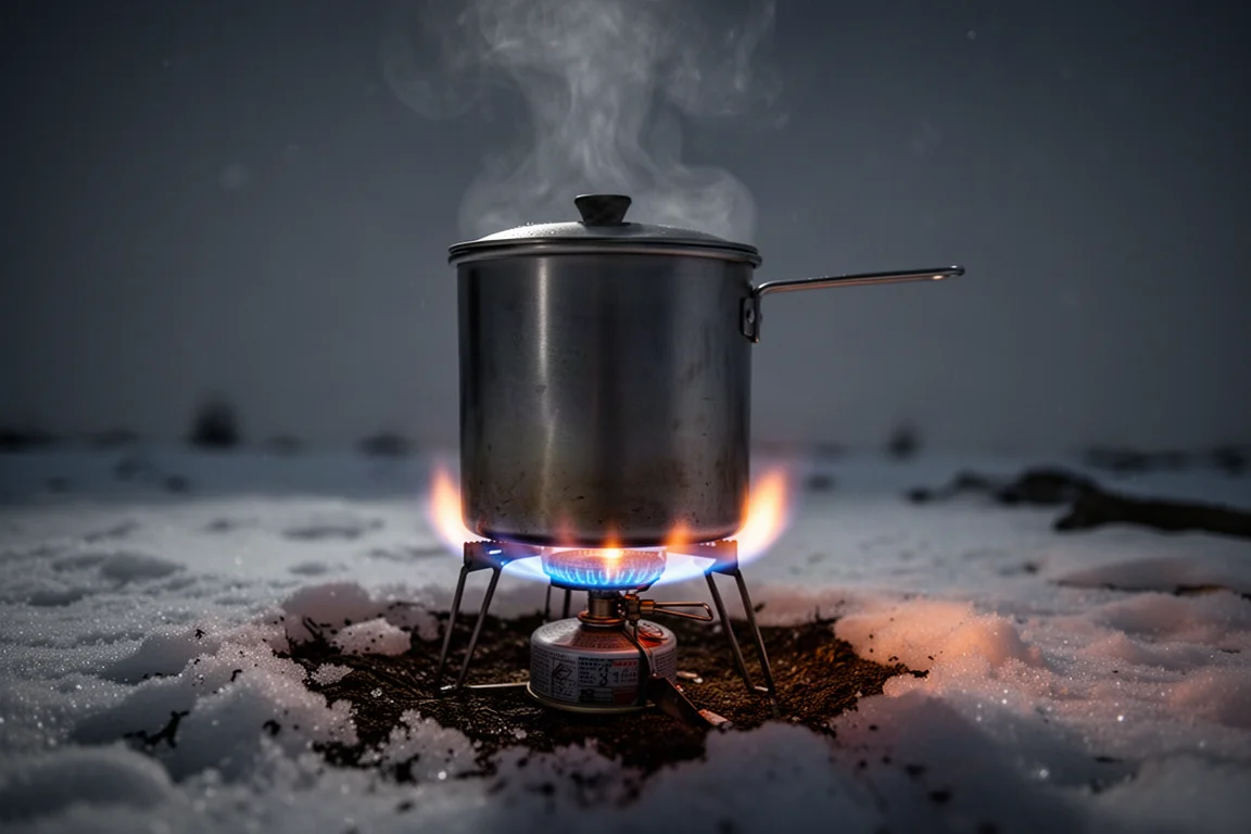 Campingkocher brennt nachts auf Schnee unter einem Topf mit aufsteigendem Dampf