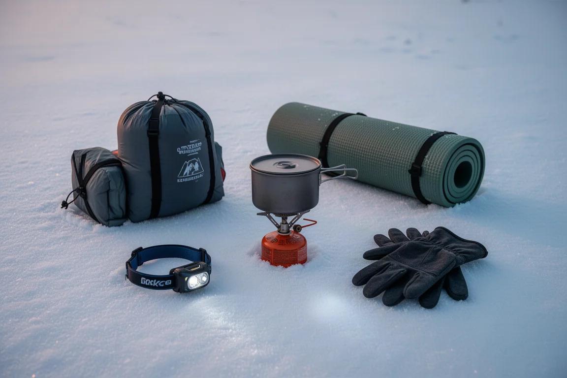 Winter-Campingausrüstung flach ausgelegt auf Schnee im Morgengrauen