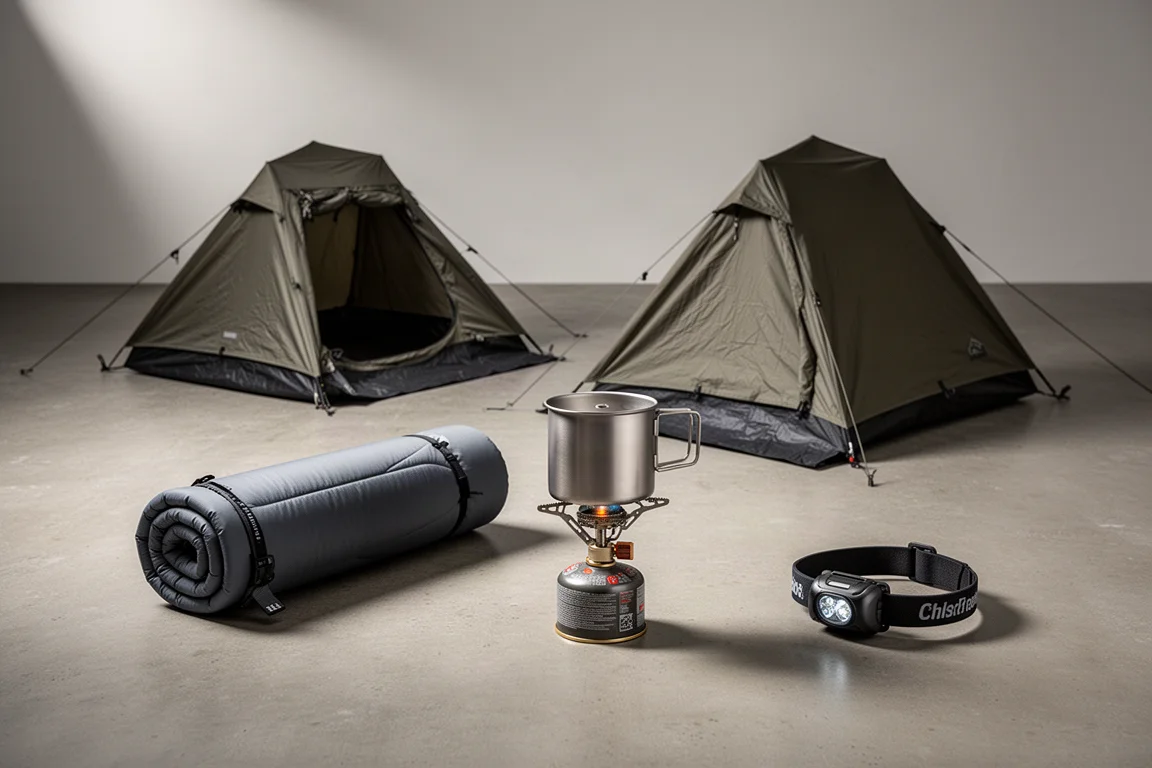 Four winter camping items arranged on a concrete surface for a gear roundup
