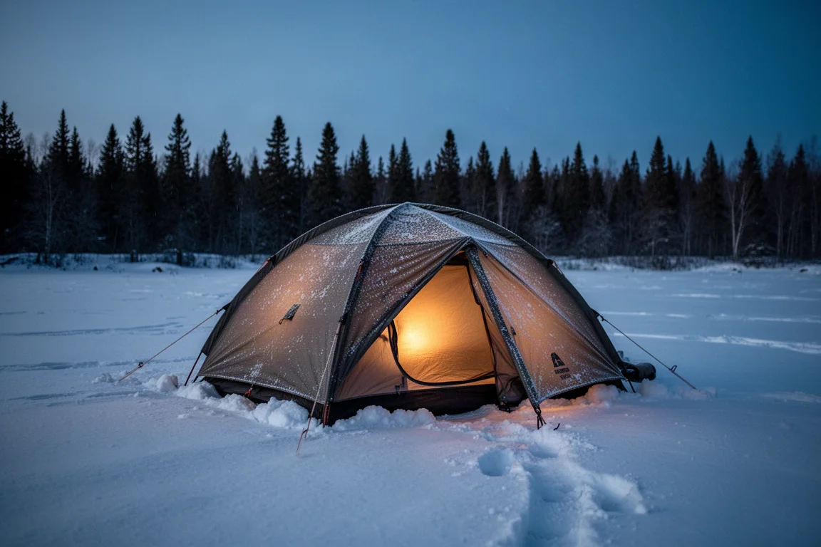 Winter tent pitched on packed snow at dusk with warm light glowing inside