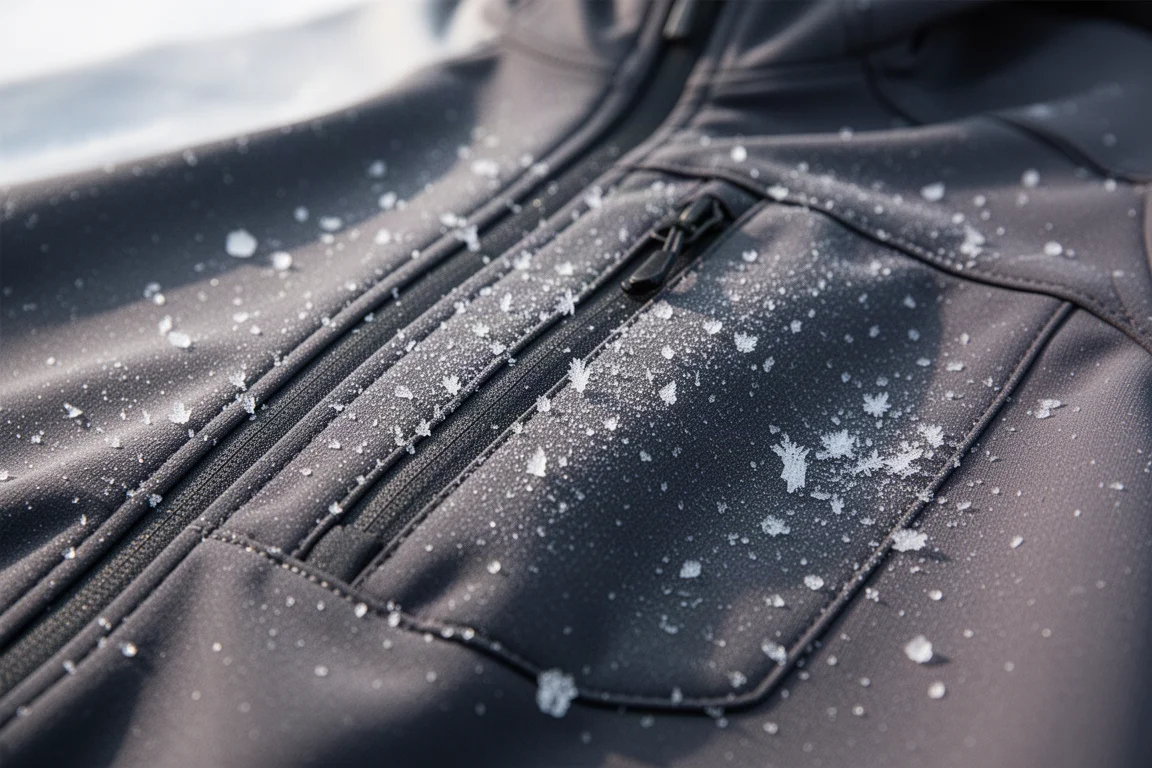 Close-up of dark soft shell fabric with frost crystals on a stitched seam
