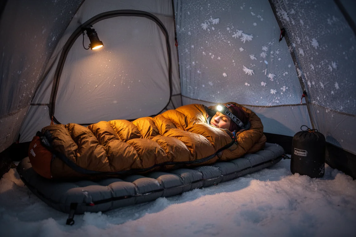 Interior of a winter tent at night with warm light and lofty down layers on a pad