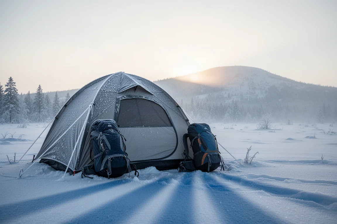 Frost-covered winter tent at dawn on a snowfield with a pack leaning outside