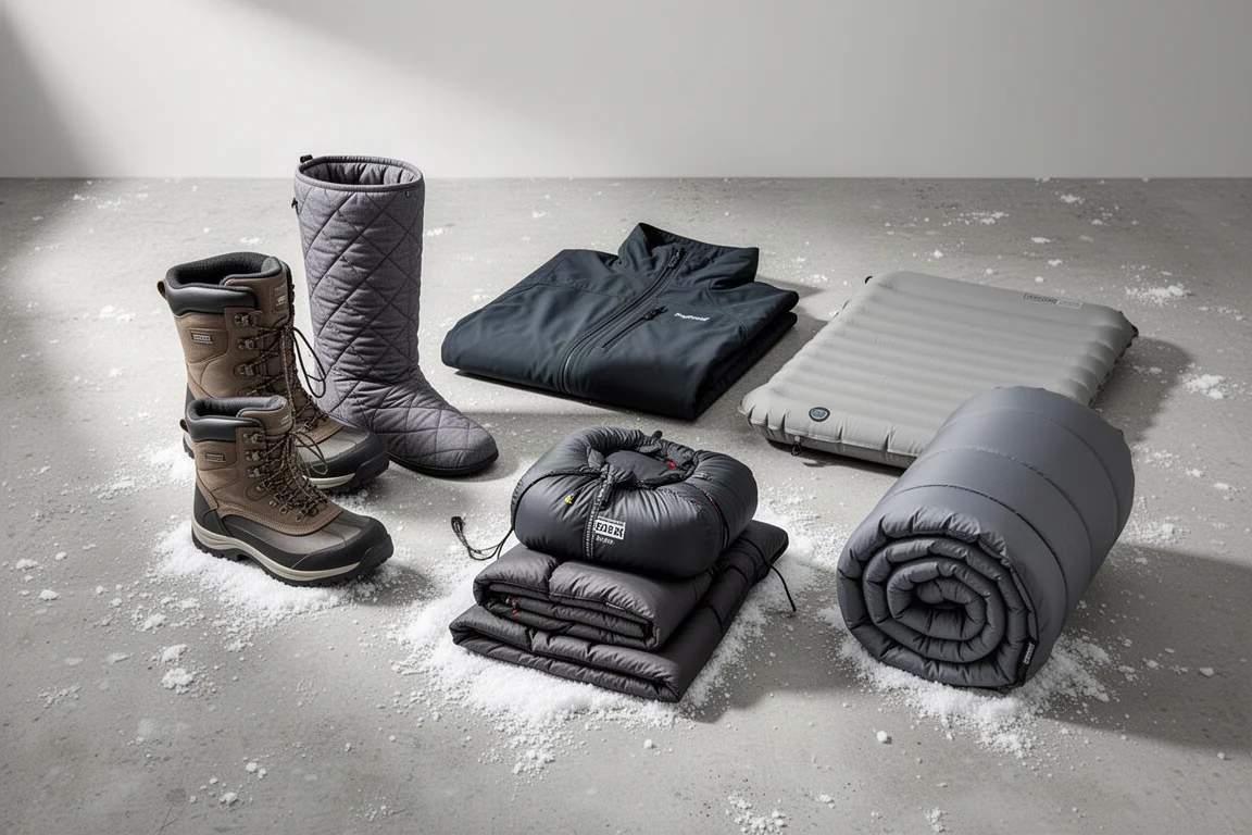 Flat-lay of winter camping gear including boots, soft shell jacket, down layers and sleeping pad