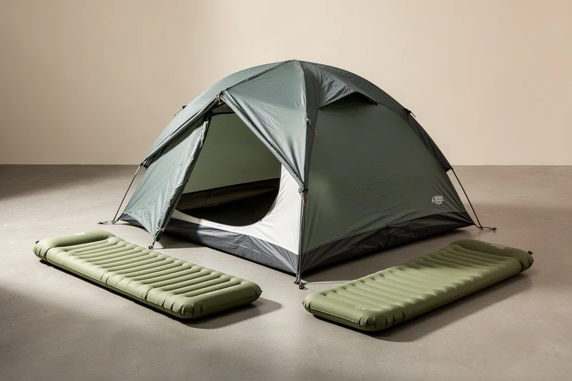 Lightweight freestanding tent and two inflated sleeping pads arranged on a neutral backdrop