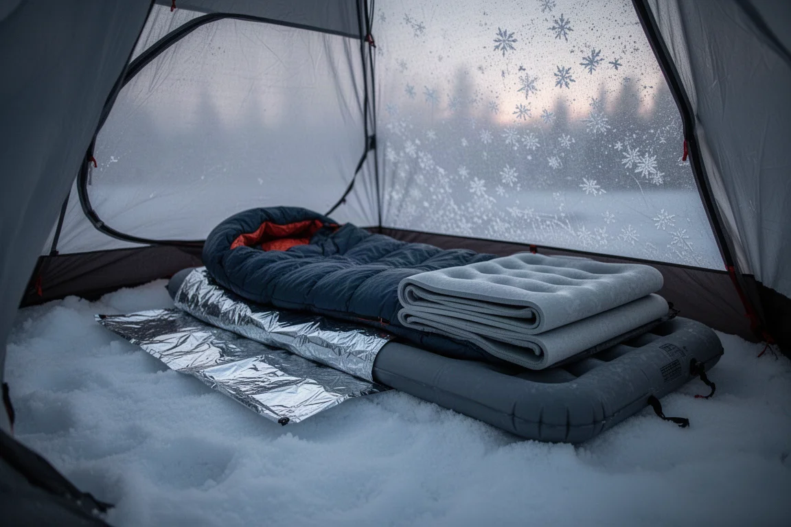 Layered sleeping pads and a sleeping bag set up inside a winter tent on snow