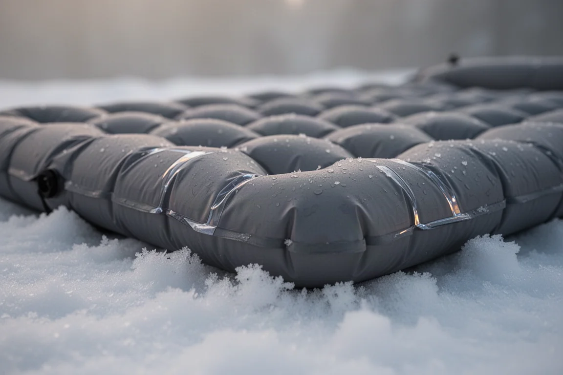 Close-up of an inflatable sleeping pad showing baffle channels and reflective lining