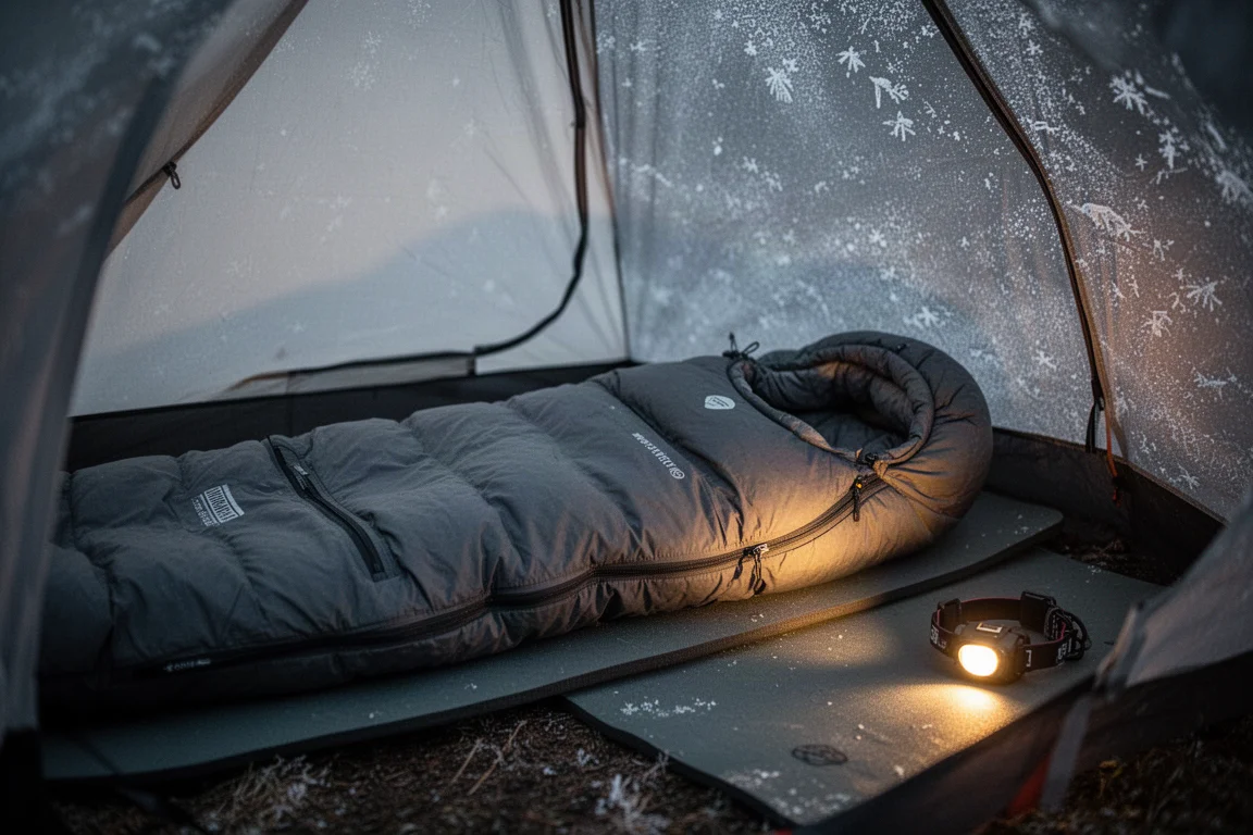 Quilt spread over a sleeping bag inside a frost-lined winter tent at night