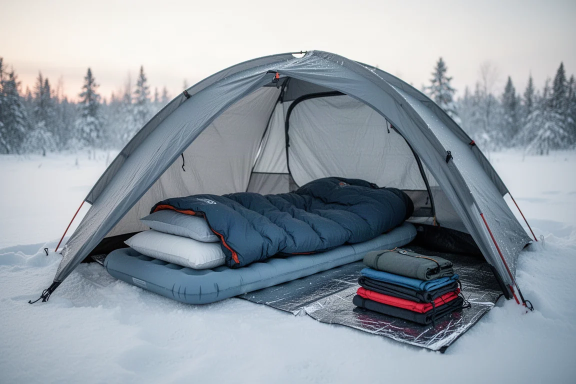 Winter backcountry camp at first light with stove and gear on snow
