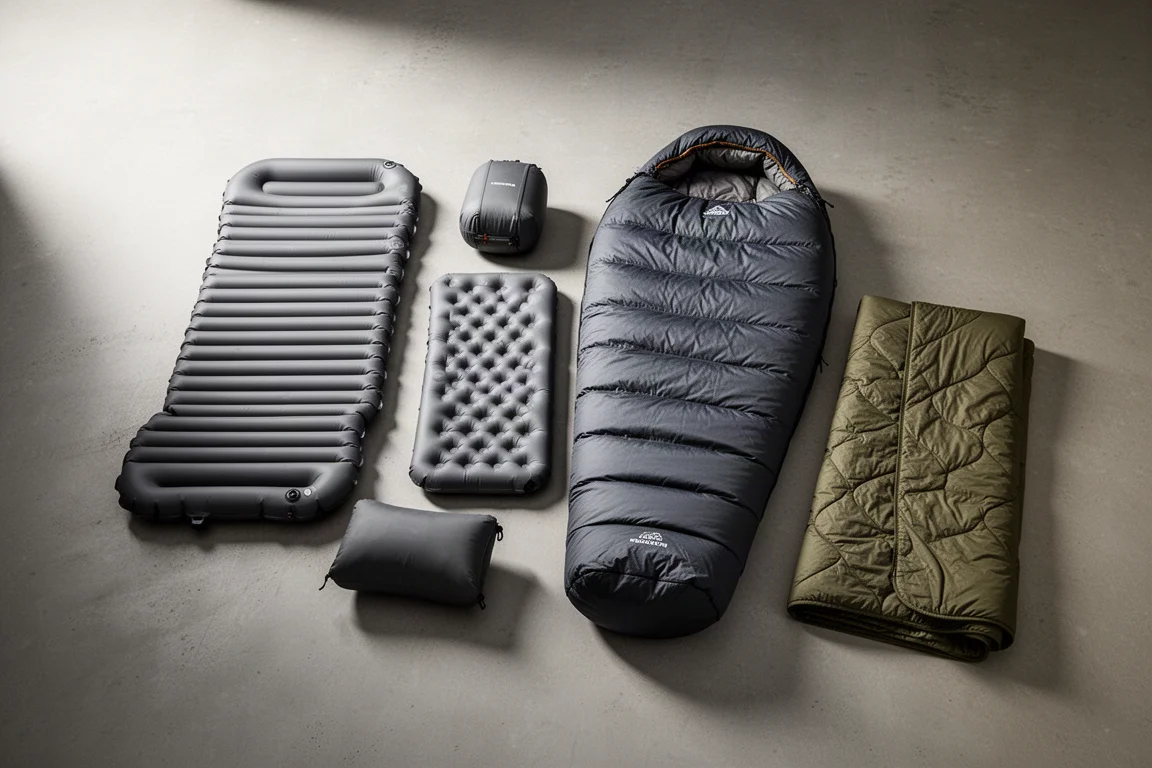Winter camping sleep system flat lay with foam pad, air pad, sleeping bag, and quilt