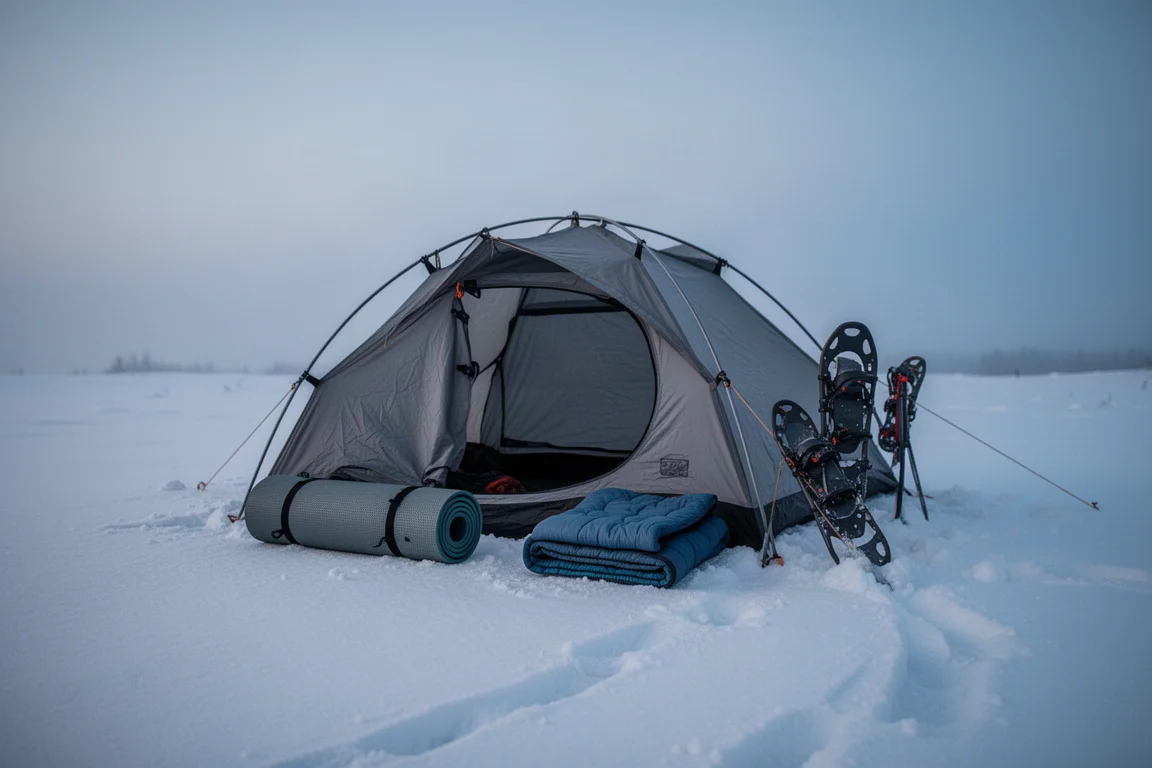 Winter campsite at blue hour with a dome tent on snow and a rolled sleeping pad