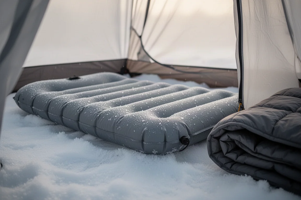Close-up of a sleeping pad on snow inside a tent with frost crystals and morning light
