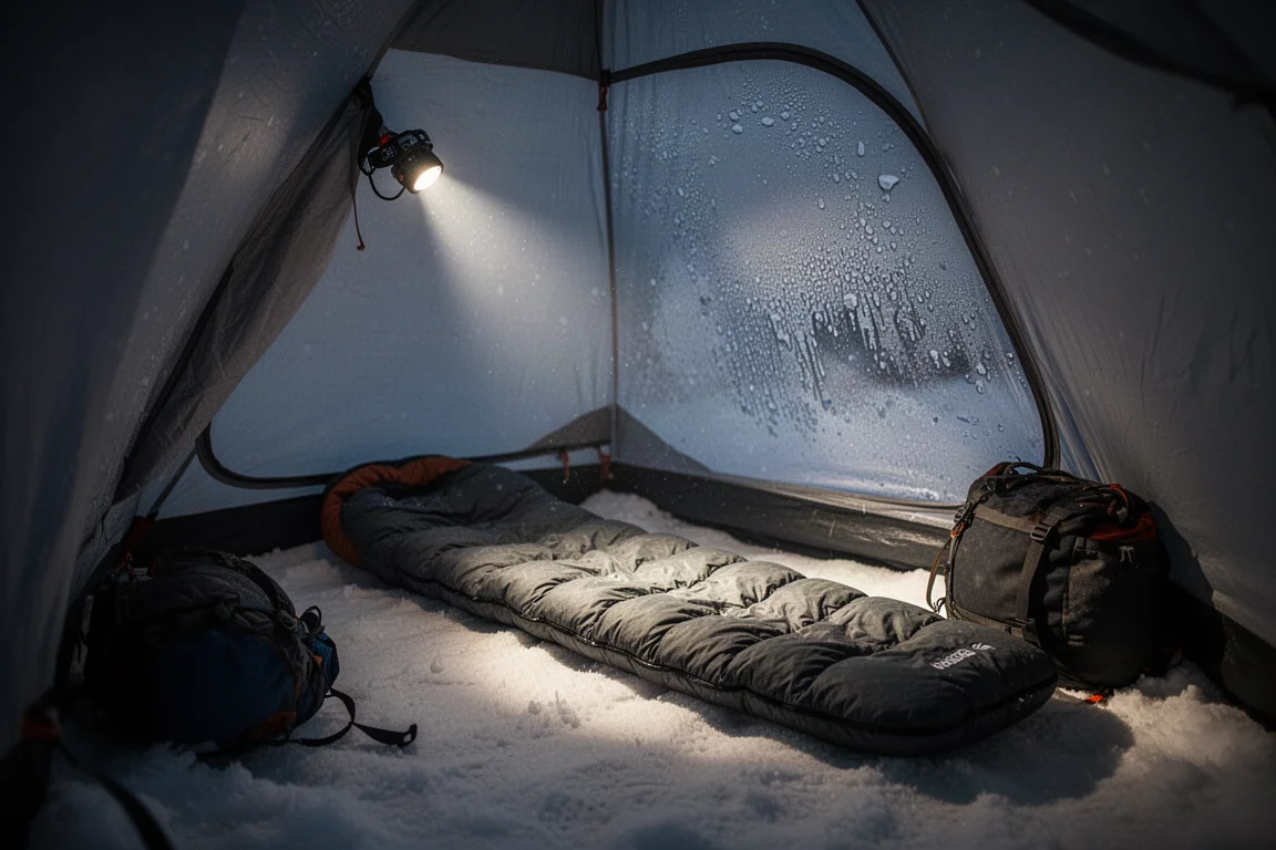 Tent interior at night lit by a headlamp with sleeping pad and quilt laid out