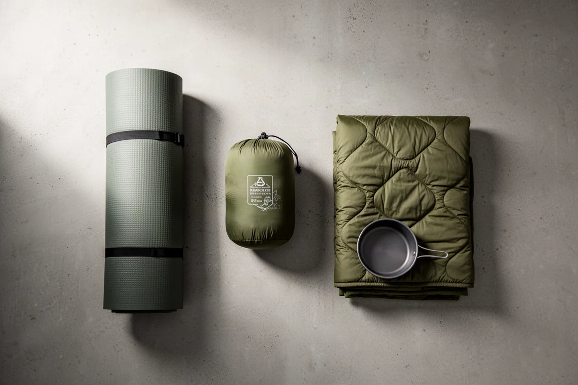 Overhead flat lay of a rolled sleeping pad, stuff sack, quilt and cook pot on concrete