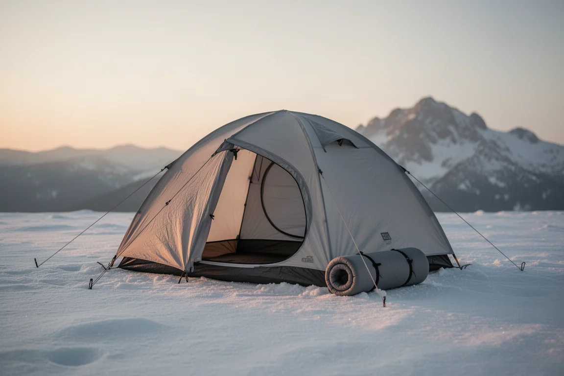 Lichtgewicht vrijstaande koepeltent op sneeuw bij schemer met een opgerolde slaapmat