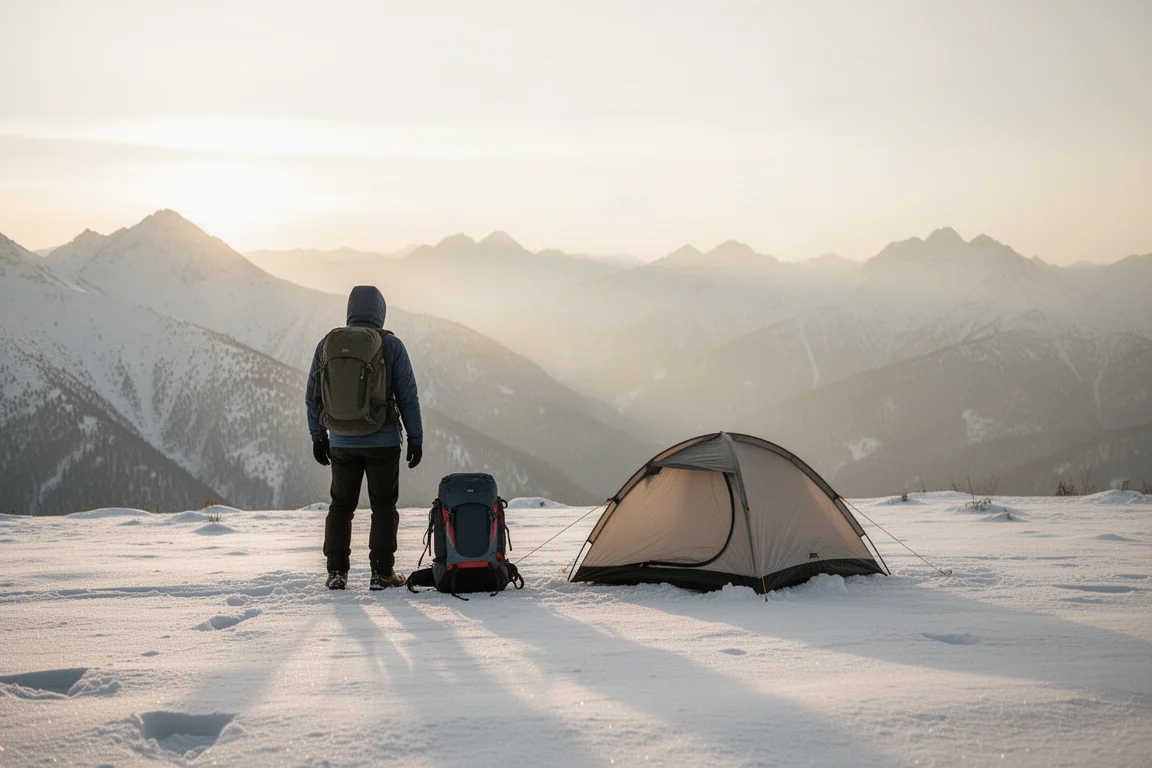 日出時分,穿著冬季服裝的登山客站在雪原上的小帳篷旁