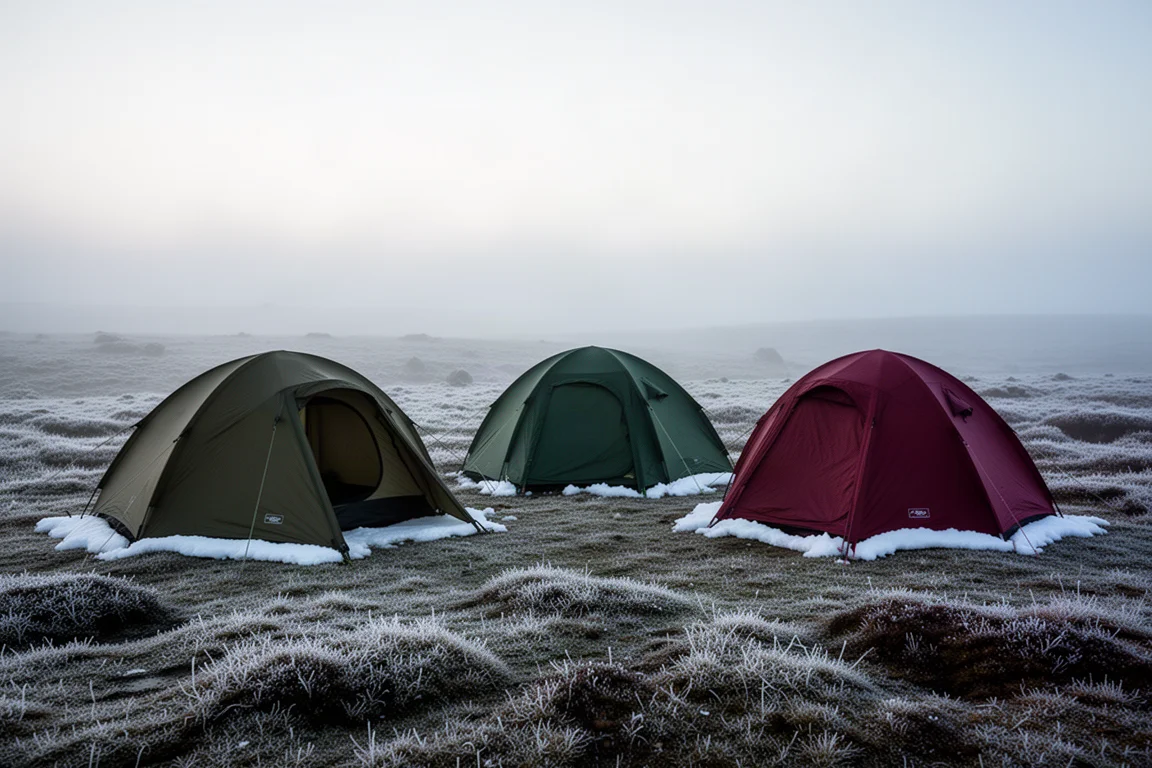 Three low backpacking tents pitched on a frost dusted plateau at first light