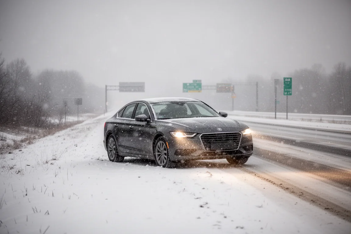 暴風雪中,一輛汽車停在積雪覆蓋的路邊