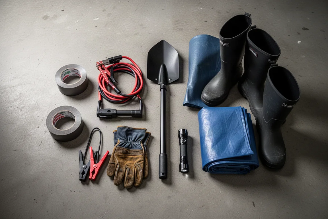 Winter car emergency kit items arranged on a concrete garage floor