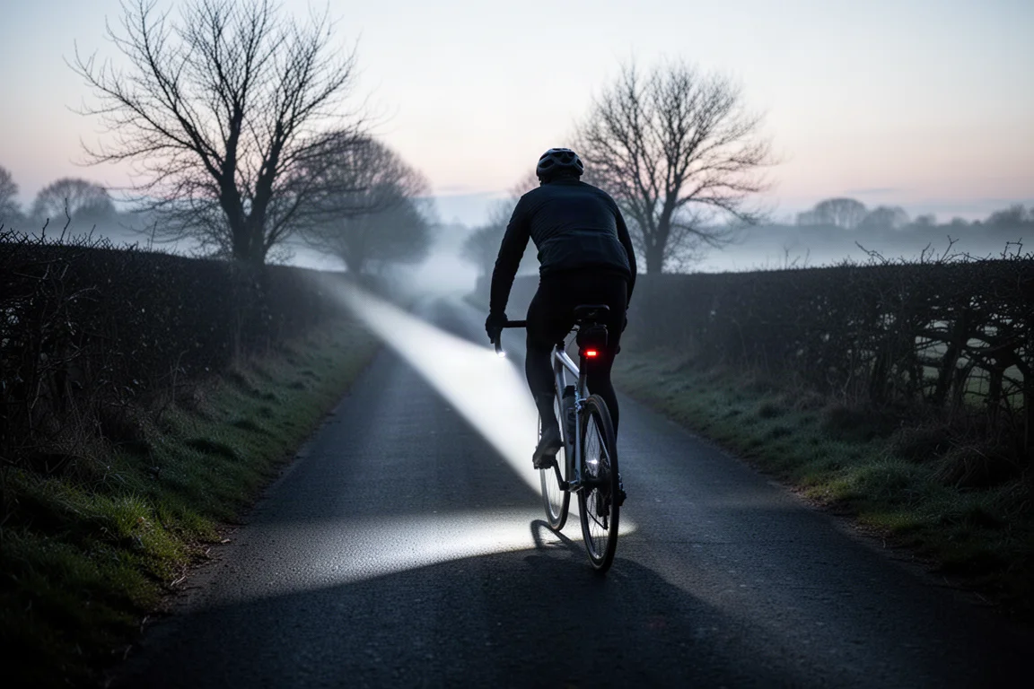 Cyclist on a dark country lane at night with a bright front light beam