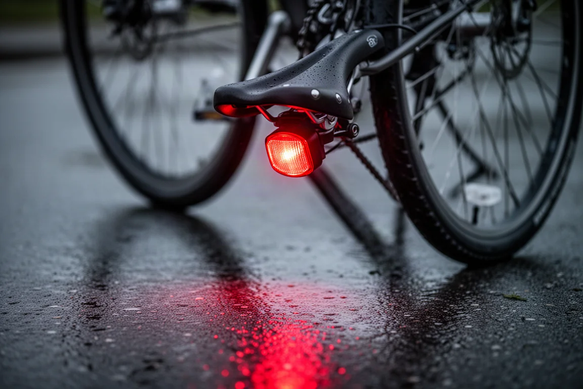 Rear bike light glowing red beneath saddle rails on wet night tarmac